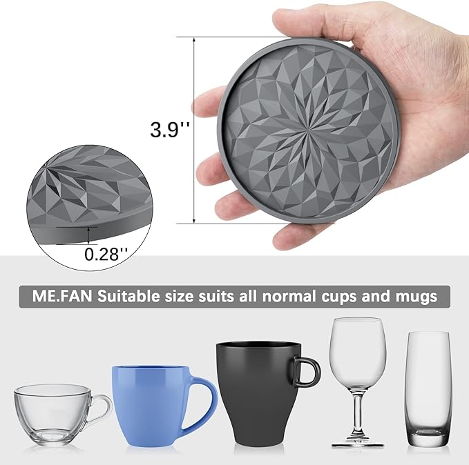 ME.FAN Silicone Coasters with Holder,[6 Pack] Drinking Coasters - Cup Mat for Hot or Cold Drinks, Thickened, Non-Slip, Non-stick,Deep Tray Ether