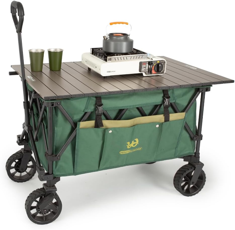 Whitsunday Folding Collapsible Utility Wagon, 400Lbs Heavy Duty Outdoor Park Beach Wagon with Table and Side Pocket for Garden Camping Sports Shopping Green