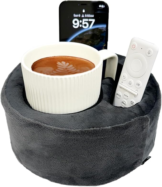 Xchouxer Couch Cup Holder Pillow, Sofa and Bed Organizer Caddy for Drinks, Remotes, Phones (Gray)