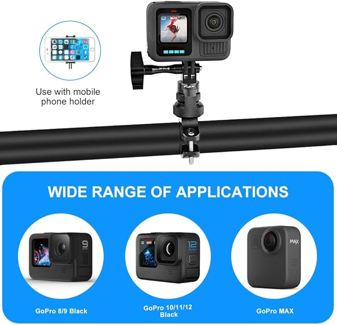 PULUZ 360 Degree Rotation Motorcycle Bicycle Rack Mount Holder, Aluminum Handlebar Mount Compatible with GoPro Hero 13/12/11/10/9/8/Max, DJI Osmo Action 5Pro/4/3, Insta 360 X5/X4/X3/Ace Pro 2/Pro/Ace