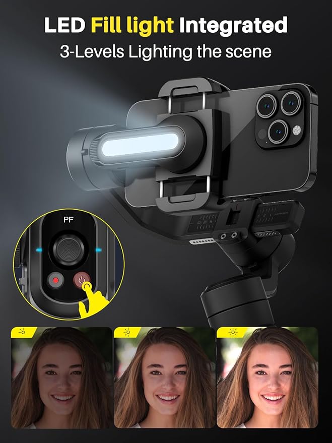Professional Gimbal Stabilizer for Smartphone,Built-in 18CM Extension Rod and Powerful Fill Light,360°Inception,Face&Object Tracking Stabilizer,3-Axis Gimbal for iPhone& Android