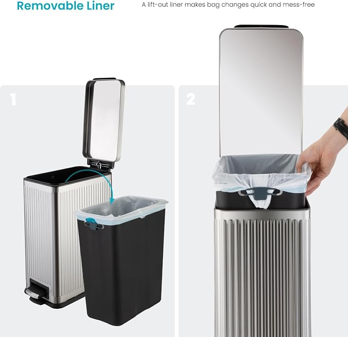 Home Zone Living 8 Gallon Kitchen Trash Can with Slim Fit Design | Stainless Steel with Soft-Close Step Pedal Lid, Bag Tuck Band for Easier Bag Changes, Rectangular Shape, Reeded Style, Silver