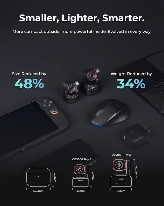 OBSBOT Tiny 3 AI-Powered Spatial Audio 4K PTZ Webcam, Tri-Mic AI Tracking 2.0 Voice Control Gesture Control 1/1.28" Sensor 4K Streaming Camera for Zoom Meeting Content Creation, W Mini Tripod