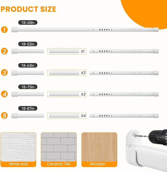 Oval Closet Rod for Hanging Clothes Adjustable Closet Rods 18 to 75 Inch Heavy Duty White Poles Bar Closet Rod Expandable for Wardrobes Laundry RV