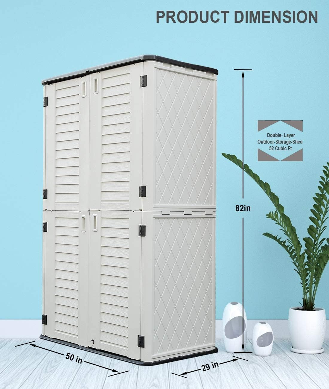 HOMSPARK Storage Shed Weather Resistance, Multi-Purpose Outdoor Storage Cabinet Waterproof, Outdoor Storage Cabinet for Garbage Cans, Lawnmower, Garden Accessories (White, Tall shed-53 cu ft)