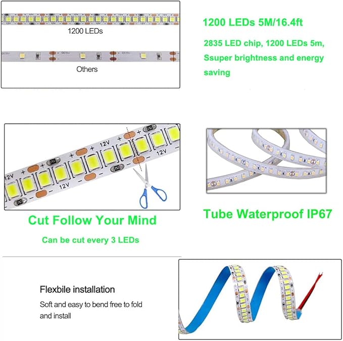 SUYOOULIN LED Strip Lights, SMD 2835 LED Strip, DC12V 1200LEDs 16.4Ft 26000LM High Density LED Light Strips Tube Waterproof IP67, 3 Times Brightness Than SMD3528 LED Strip, Orange