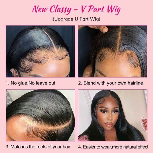 Amznlady V Part Wigs Straight Brazilian Virgin Human Hair Wigs for Black Women Upgrade U Part Wigs Glueless Full Head Clip In Half Wig V Shape Wig No Leave Out 180% Density Natural Color 18"