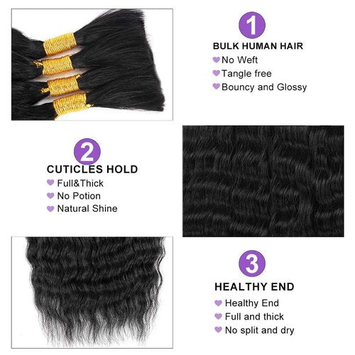 Wet and Wavy Human Braiding Hair No Weft Super Wavy Bulk Human Hair For Boho Braids 100g (1Pack-4PCS) 100% Virgin Human Hair Super French Micro Braiding Bohemian Braids (Super Wavy（#1B), 22 Inch)