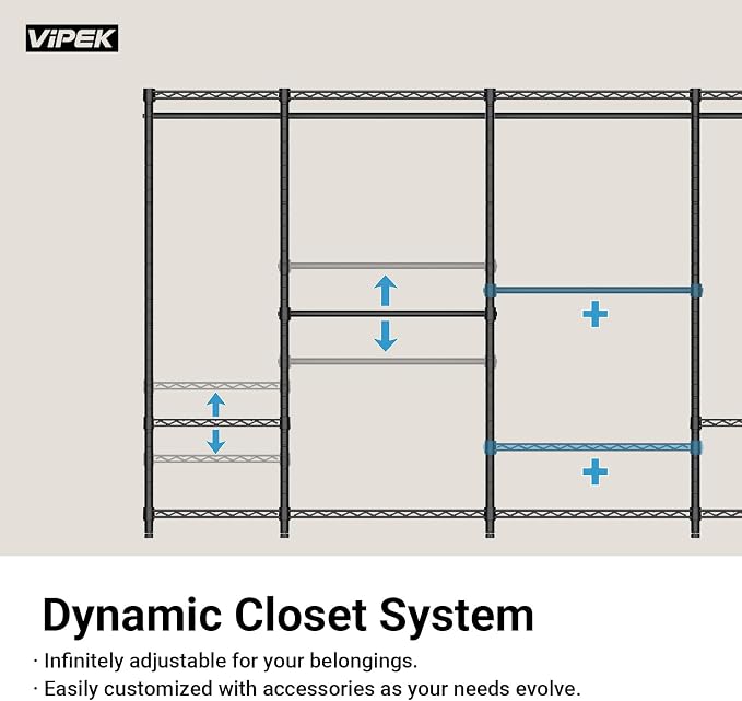 VIPEK V5 Medium Portable Closet Wardrobe Heavy Duty Clothes Rack, Freestanding Closet Metal Clothing Rack with 4 Hang Rods & 8 Shelves, Adjustable Custom Closet Rack, 56.7" Lx15.7 Wx76.4 H, White