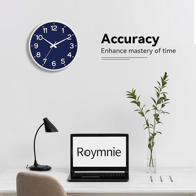 Roymnie Wall Clock, 10 Inch Silent Wall Clocks Battery Operated-Modern Non Ticking Analog Clock Decorative for Kitchen Bedroom Office Bathroom(Navy Blue)