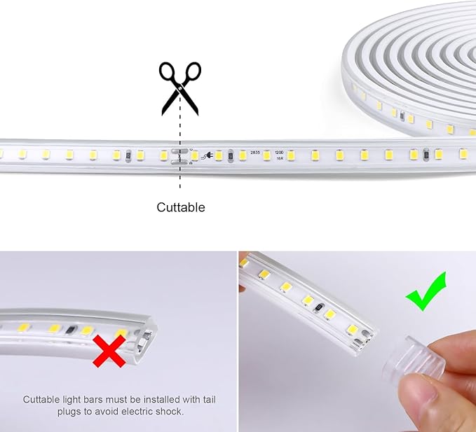 Outdoor LED Strip Lights Waterproof, AC 110V, 1200LEDs, 6500k LED Rope Bright Lights for Garden, Patio, Indoor Under Cabinet Home Christmas Decoration