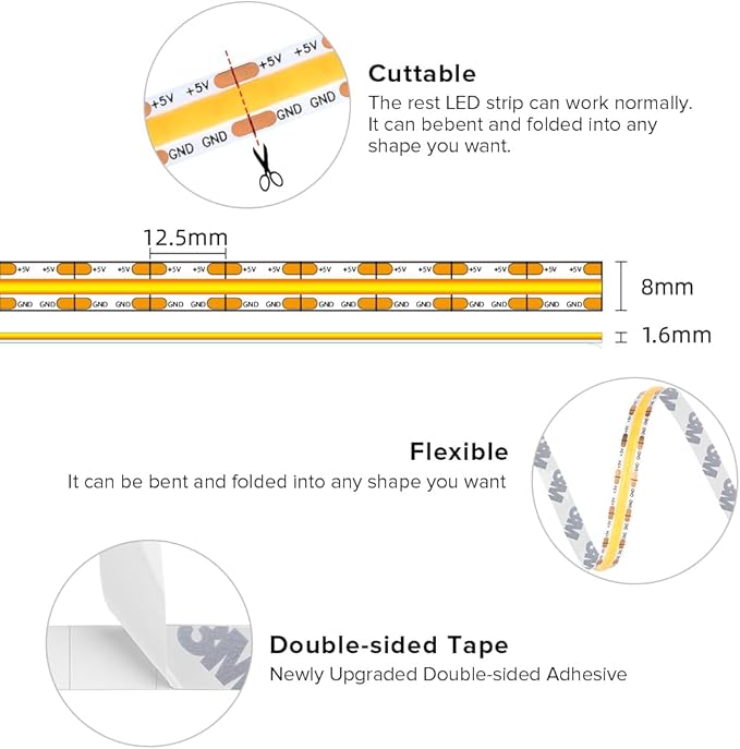 BTF-LIGHTING FCOB COB FOB LED Strip Lights 5V USB Powered 9.8FT 960LEDs Warm White 3000K 8mm Width Dimmable CRI 90+ with 3M Tape Flexible High Density for 3D Printer TV Backlight PC DIY Decor