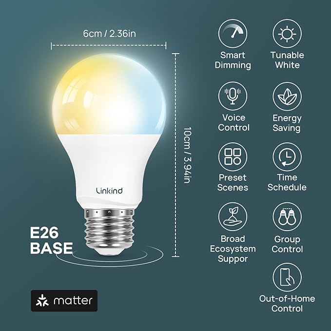 Linkind Matter Smart Light Bulb, Soft White to Daylight Tunable Alexa Light Bulbs, Smart Bulbs Work with Apple Home, Alexa, Google Home, SmartThings, 2.4GHz Wi-Fi LED, A19 E26, 800LM, 60W (4-Pack)