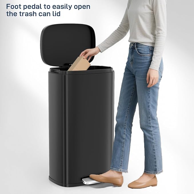 Arlopu 8 Gallon Step Trash Can, Stainless Steel Garbage Bin, Soft-Close Rubbish Bin with Removable Plastic Inner Bucket, Fingerprint-Proof, Lid Dustbin, Suit for Kitchen Home (Black, 30L)