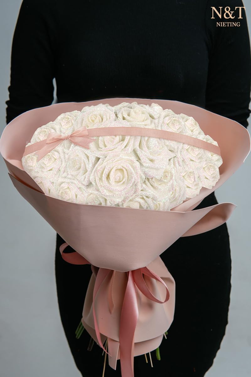 N&T NIETING Artificial Flowers Glowing White Flowers Foam 50pcs Glitter Roses Real Looking Fake Roses with Stem for DIY Wedding Bouquets Centerpieces Bridal Shower Party Home Decorations