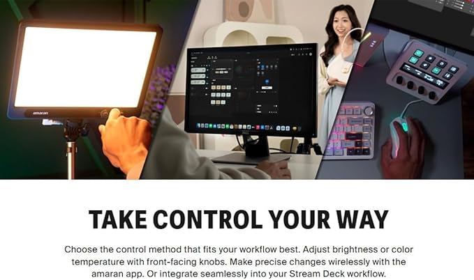 Amaran Verge Edge-lit Rectangular Panel Light, 96+ CRI,0-100% Brightness & 2700K-6500K,Bi-Color,Front-Facing Knobs and APP Control, USB-C PD, Silent for Streaming & Video Gaming Studio (Charcoal)