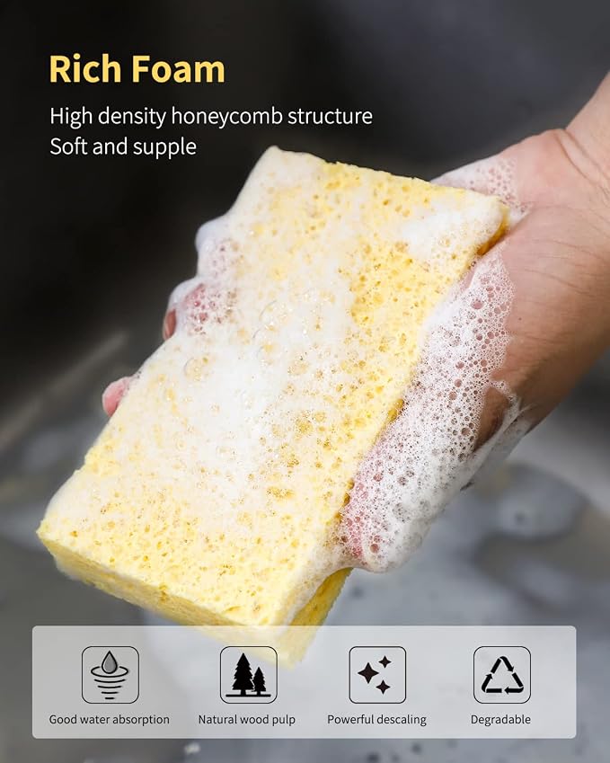 Cellulose Sponges,Heavy Duty Scrub Kitchen Sponge,Clean Tough Messes Without Scratching Sponges Kitchen Yellow (6 Pack)
