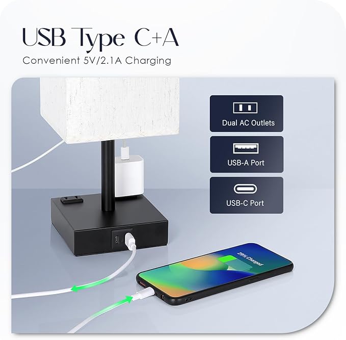 Bedside Table Lamps Set of 2 - Touch Nightstand Lamp for Bedroom with USB C+A Charging Ports & AC Outlets, 3-Way Dimmable Desk Lamp Flaxen Fabric Shade for Living Room Office(Bulb Included)