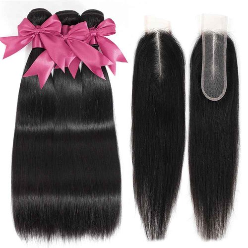 12A Straight Bundles with 2x6 Closure Human Hair 18 20 22 with 16 Inch 100% Unprocessed Brazilian Virgin Human Hair Weave Bundles with 2x6 HD Lace Closure