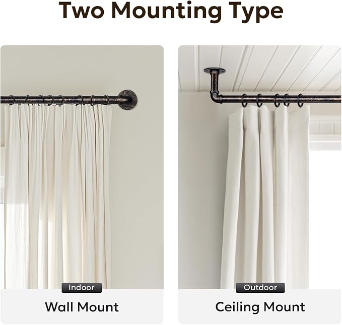 Zeerobee Curtain Rods for Windows 66 to 120, 1 Inch Industrial Wrap Around Vintage Bronze Curtain Rod, Indoor/Outdoor Room Divider Adjustable Drapery Pole, 66"-120"