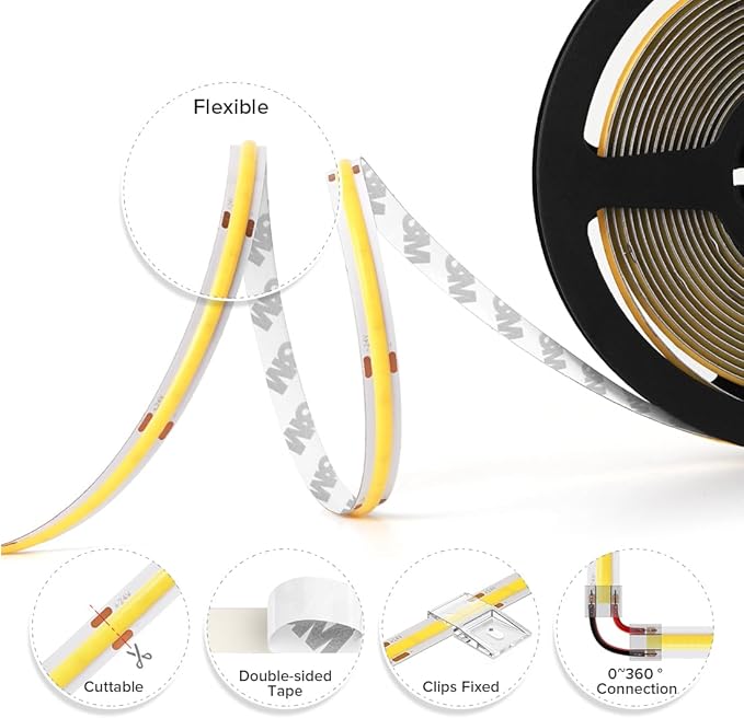 BTF-LIGHTING FCOB COB LED Strip Flexible High Density Uniform Light 9W/m 16.4FT DC12V Daylight White 5000K 480LEDs/m CRI 90+ 8mm Width Dimmable LED Ribbon for Indoor Decor(No Adapter or Controller)