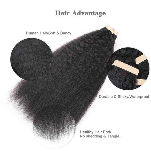 MY SHINY WIGS Kinky Straight Tape In Hair Extensions Human Hair Black Women Natural Black 40 Pcs 100g/Pack Seamless Skin Weft Real Human Hair Tape in Extensions 20 Inch