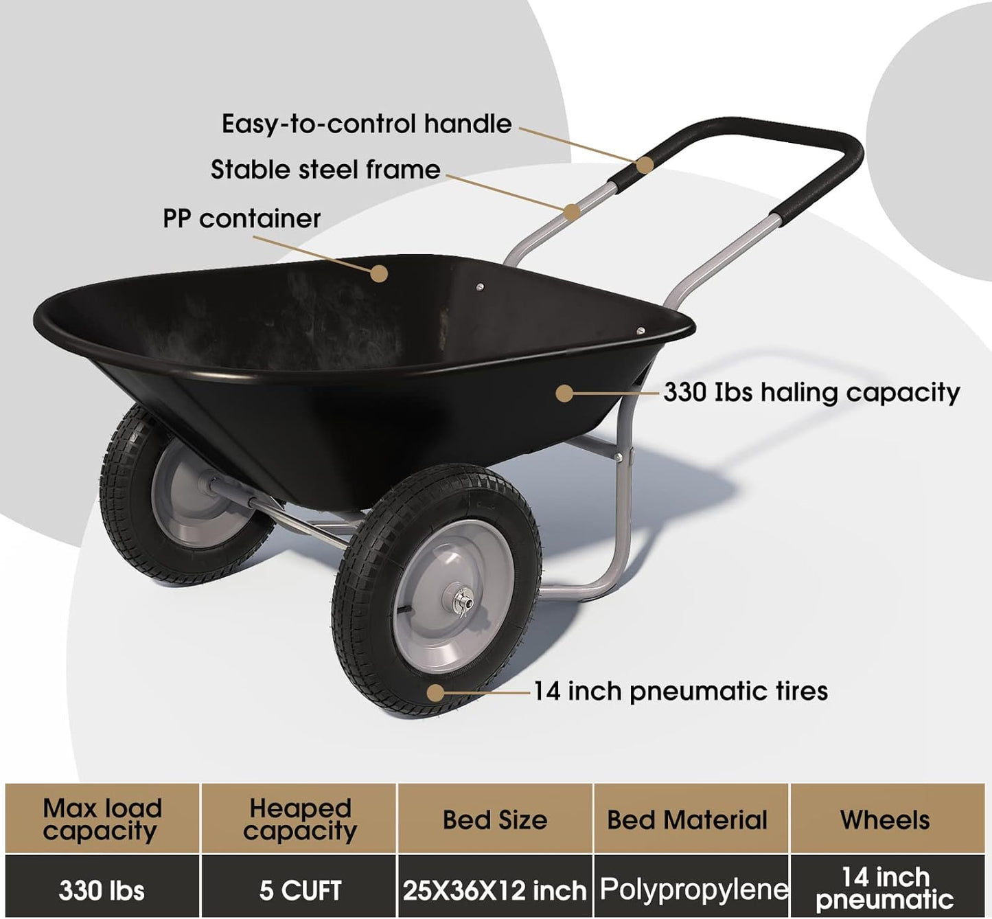 ARNOT Enlarged 2-Wheel Wheelbarrow, Easy Loading and Dumping Garden Cart, Heavy Duty Utility Dump Cart for Outdoor Lawn Yard Farm Ranch, Black