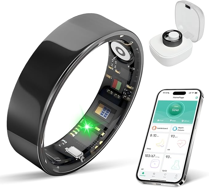 BIEMHA IP68 Waterproof Smart Ring - Fitness & Health Tracker with Sleep/Exercise Monitoring, Unisex for Women Men, iOS & Android Compatible, Long Lasting Battery Life, No Subscription (Black, 8)