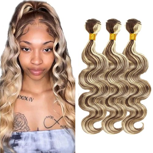 Giginger P4/613 Chocolate Brown Blonde Body Wave Human Hair Bundles 18 20 22 Inch Highlight Body Wave Bundles Weave Bundles Human Hair 4/613 Human Hair Bundles