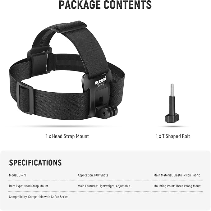 NEEWER Head Strap Mount Compatible with GoPro Hero 13 12 11 10 9 8 Black 7 Silver 7 White, Adjustable Head Mount Action Camera Accessories for POV Video Recording Cycling Surfing, GP-71