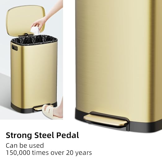 KdbK 13 Gallon Trash Can with Lid, 50L Fingerprint Proof Stainless Steel Kitchen Trash Can with Removable Inner Bucket and Lid Soft Close, Pedal Rubbish Bin for Home Office, Gold