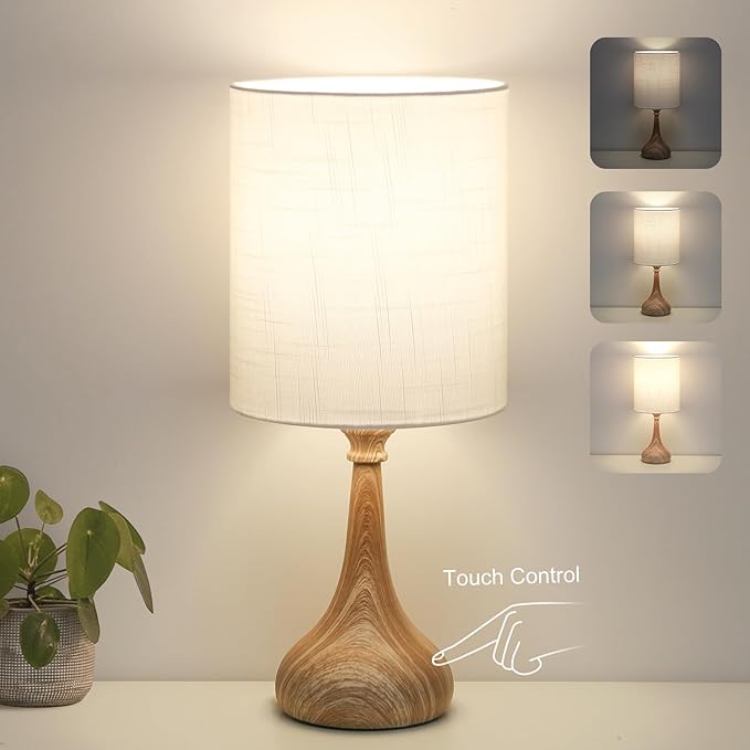 Dimmable Small Table Lamp, Bedside Lamps Touch Control for Bedrooms Nightstand with Wood Grain Base, Desk Lamp Night Light for Office Living Room, 9W 3000K LED Bulb Included