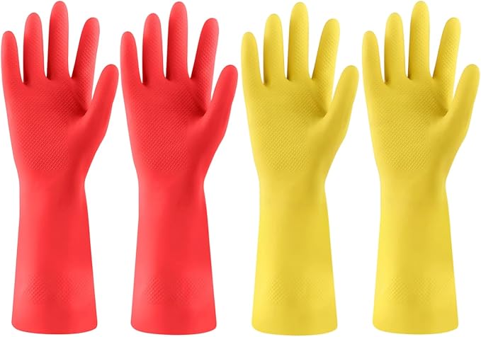 Rubber Kitchen Dishwashing Gloves - 4 Pairs Colorful Reusable Cleaning Gloves for Kitchen Washing Dishes and Household Cleaning(Large, Yellow+Red)