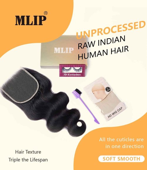 Mlip 5x5 HD Lace Closure Body Wave, 0.10mm Ultra Thin Invisible Swiss Lace, Skinlike Real HD Lace Melt into Skin Perfectly, Pre-plucked Natural Hairline, Raw Indian Human Hair 14 Inches