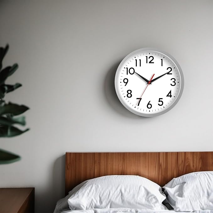 DAXSMY Wall Clock Modern Battery Operated 10 Inch Simpel Silent Non Ticking Decorative for Kitchen Office Outdoor Bedroom Living Room School Classroom(Silver)