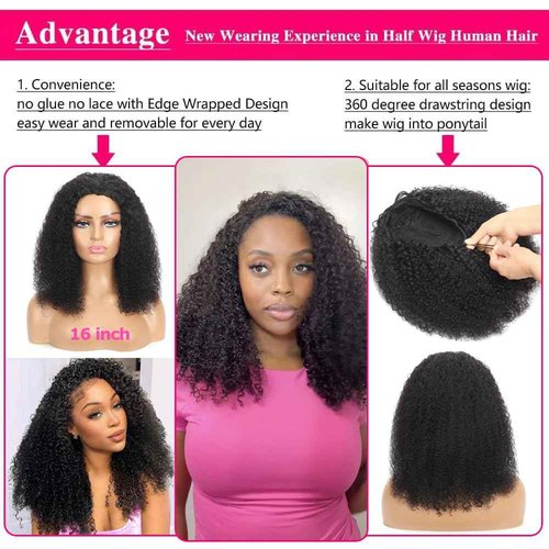 Kinky Curly Half Wig Human Hair 200% Density 3 In 1 Seamless Clip Ins Flip Over Half Wig Wear and Go Glueless Wigs Human Hair for Women Drawstring Headband Wig Beginner Friendly (Black, 20 Inch)