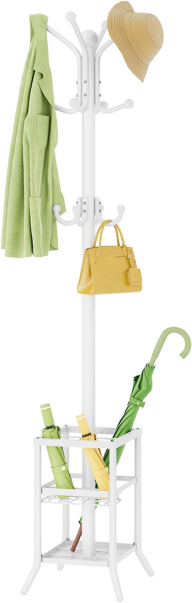 FAVOOSTY Coat Rack Freestanding,Coat Rack Stand with Umbrella Holder,Metal Coat Tree with 12 Hooks,Tree Clothes Hat for Entryway, Hallway, Bedroom, Living Room & Office -White