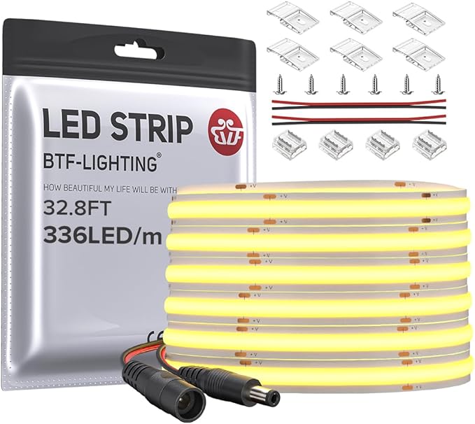 BTF-LIGHTING FCOB COB LED Strip Flexible High Density Uniform Light 8W/m 32.8FT DC24V Warm White 2700K CRI 90+ 8mm Width LED Ribbon for for Bedroom Indoor Decor(No Adapter or Controller)