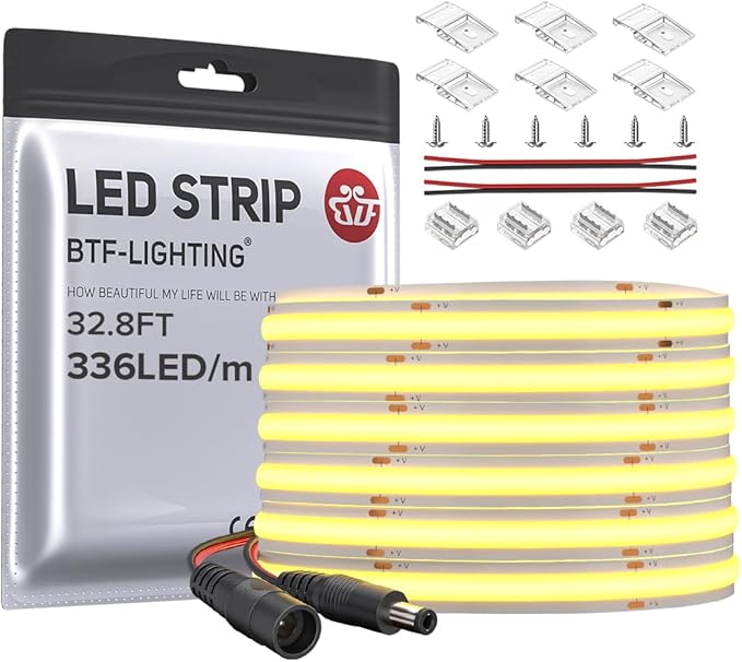 BTF-LIGHTING FCOB COB LED Strip Flexible High Density Uniform Light 8W/m 32.8FT DC24V Natural White 4000K CRI 90+ 8mm Width LED Ribbon for Bedroom Indoor Decor(No Adapter or Controller)