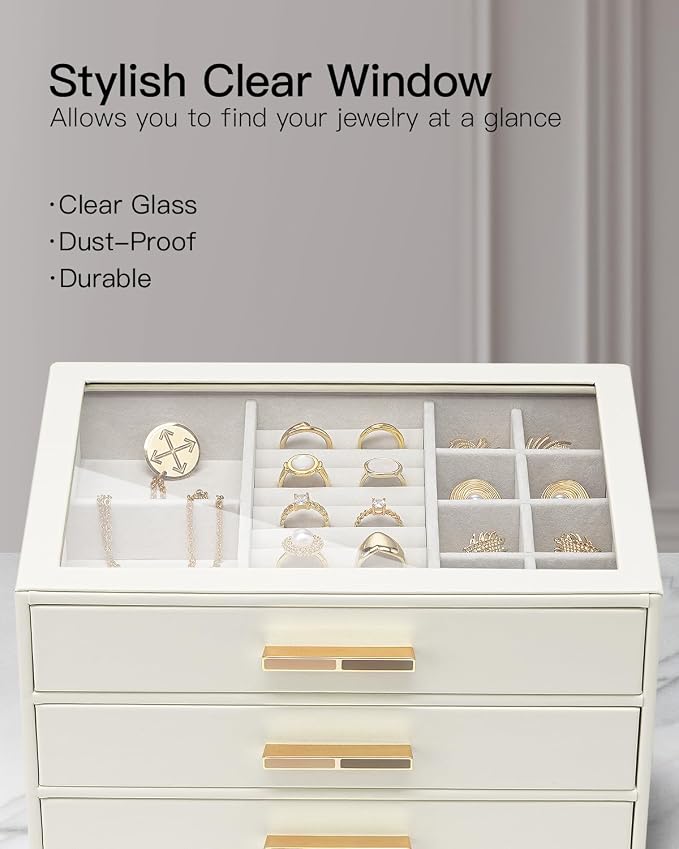 VLANDO Jewelry Box for Women, 3-Layer Jewelry Organizer with Drawers, Glass Lid Display Jewelry Storage, Soft PU Leather Exterior, Contrast Gold Metal Handles, Refined Style - Cloud White