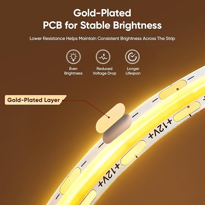 V4light COB LED Strip Light, Warm White (2700K), 12V Tape Light, CRI 95+, 3W/FT High Density, Dotless, Cuttable, UL Listed, Gold-Plated PCB for Bedroom, Kitchen, Cabinets (No Power Supply)