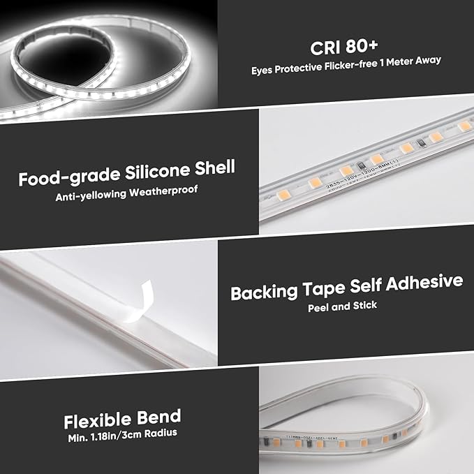 Shine Decor LED Strip Light Super Bright 24000LM, Plug&Play 120V Driverless Easy Wiring, Flicker Free Weatherproof for Outdoor Indoor, Min. 3.9” Cuttable Stickable, 6000K Cool White 98FT ETL Listed