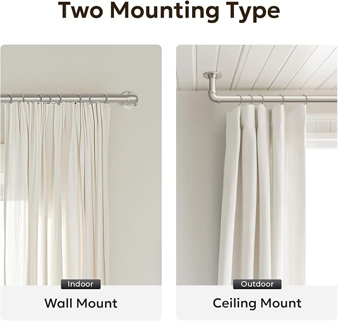 Zeerobee Curtain Rods for Windows 144 to 168, 1 Inch Industrial Wrap Around Brushed Nickel Curtain Rod, Indoor/Outdoor Room Divider Adjustable Drapery Pole, 144"-168"