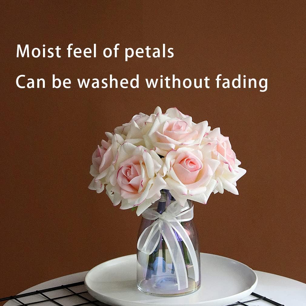 Artificial Roses Single Stem 10pcs Fake Silk Flower Arrangement Bouquet Real Touch for Home Party Wedding Decoration(Pink Edge)