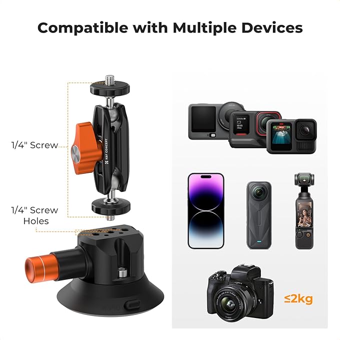K&F CONCEPT 3" Dual Suction Cup Mount Sets for Camera with 360° Ball Head Heavy Duty Camera Mount for Car Windshield, Hood, Side Panel Compatible with GoPro, DJI, Insta360, DSLRs, Phone