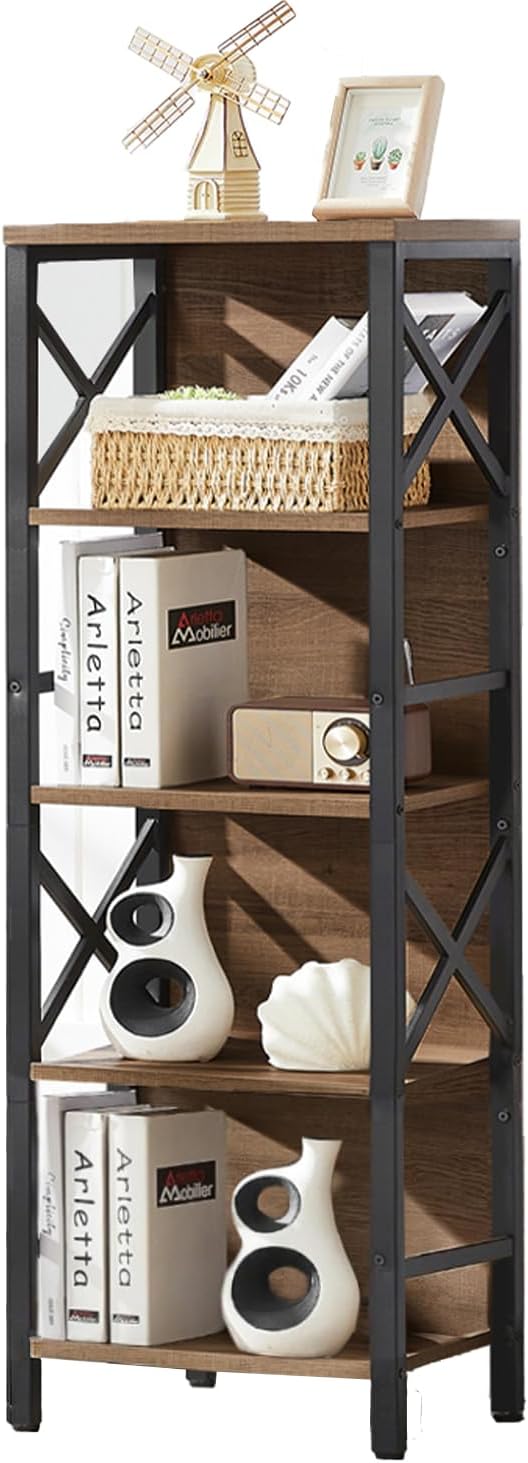 MNEETRUNG Small Bookshelf,5 Tier Industrial Bookshelf with Metal Frame and Backboard,Narrow Rustic Brown Book Shelf,Book case for Small Spaces,Living Room,Bedroom and Home Office