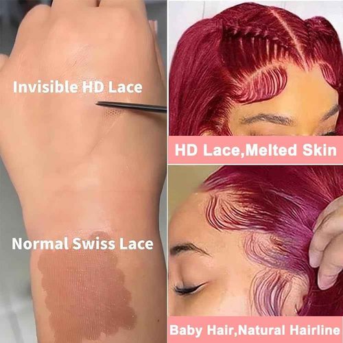 ZGWG Red Frontal Wigs Human Hair 180% Density 13X6 Body Wave Burgundy Lace Front Wigs Hd Lace Front Wigs Pre Plucked Hairline With Baby Hair(Burgundy, 22inch)