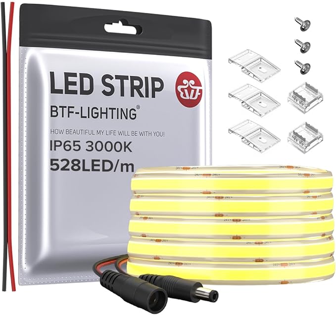 BTF-LIGHTING FCOB COB LED Strip IP65 Flexible High Density Uniform Light 14W/m 16.4FT DC24V Warm White 3000K 528LED/m CRI 90+ 10mm Width Dimmable LED Ribbon for Decor(No Adapter or Controller)