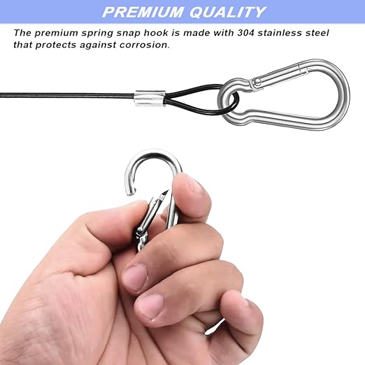 20 Pack 6 Inch(15cm) Safety Stainless Steel Tethers with 4 Pcs Spring Snap Hook Clips, Steel Wire Cable with Loops Vinyl Cover Coated Short Rope Lanyard Lock Safety Tether Chains, Black