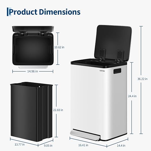 13 Gallon Trash Can Kitchen Garbage Bin with Removable Inner Buckets 50L Stainless Steel Step-on Metal Large Waste Cans with Soft Close Lid White
